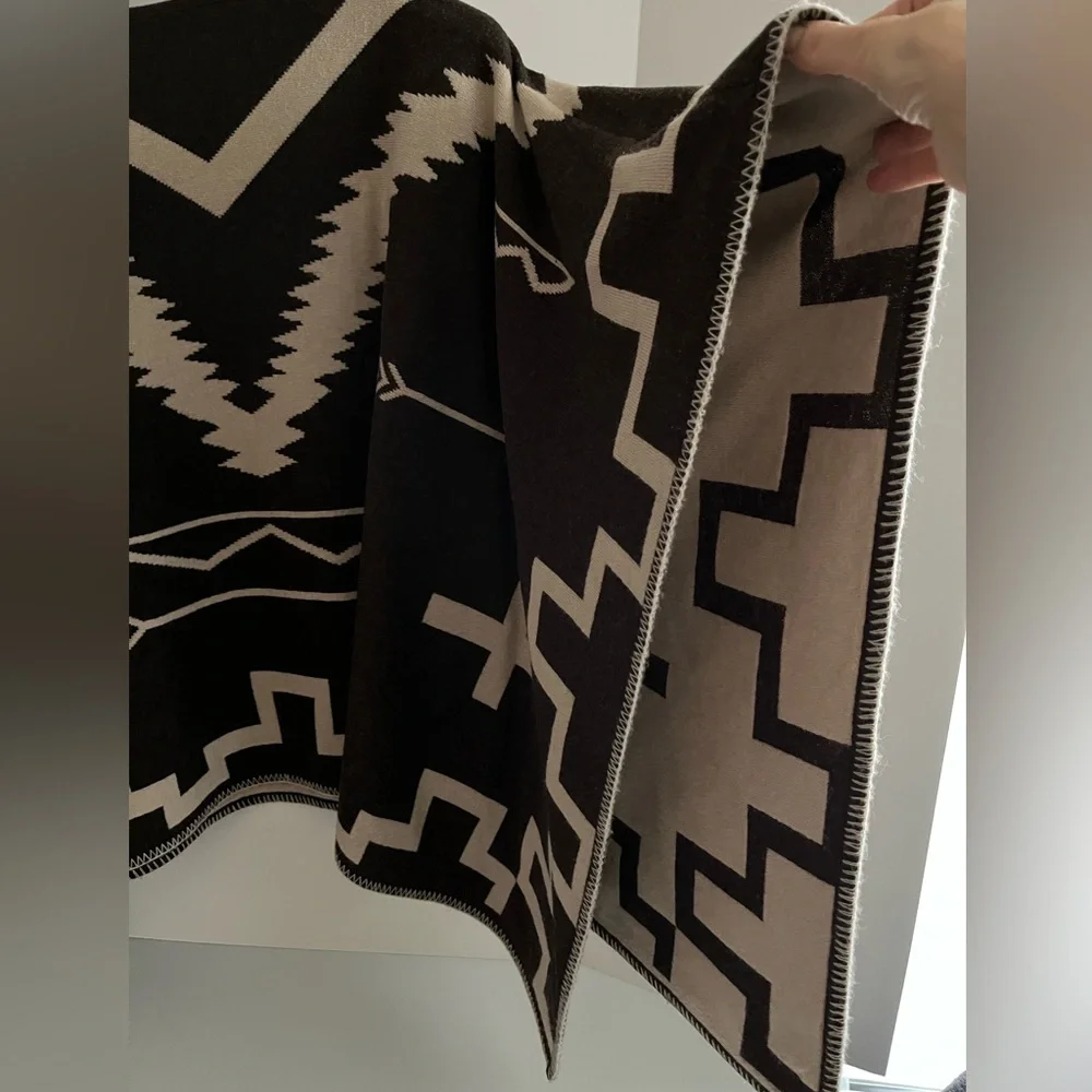 LRL Lambswool Blend Two-Ply Boiled Contrast Tribal Knit Poncho NWOT - Picture 5 of 15